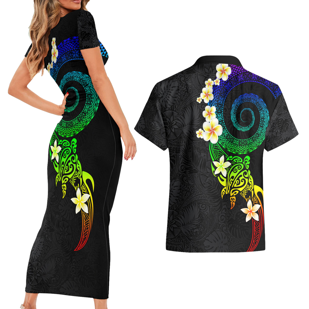 Polynesian Spiral Tribal Tattoo Couples Matching Short Sleeve Bodycon Dress and Hawaiian Shirt Fanciful Color LT03 - Polynesian Pride