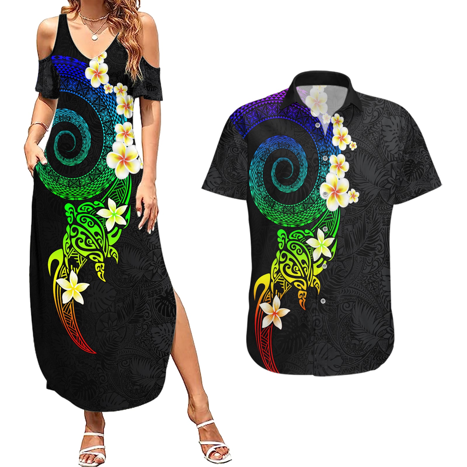 Polynesian Spiral Tribal Tattoo Couples Matching Summer Maxi Dress and Hawaiian Shirt Fanciful Color