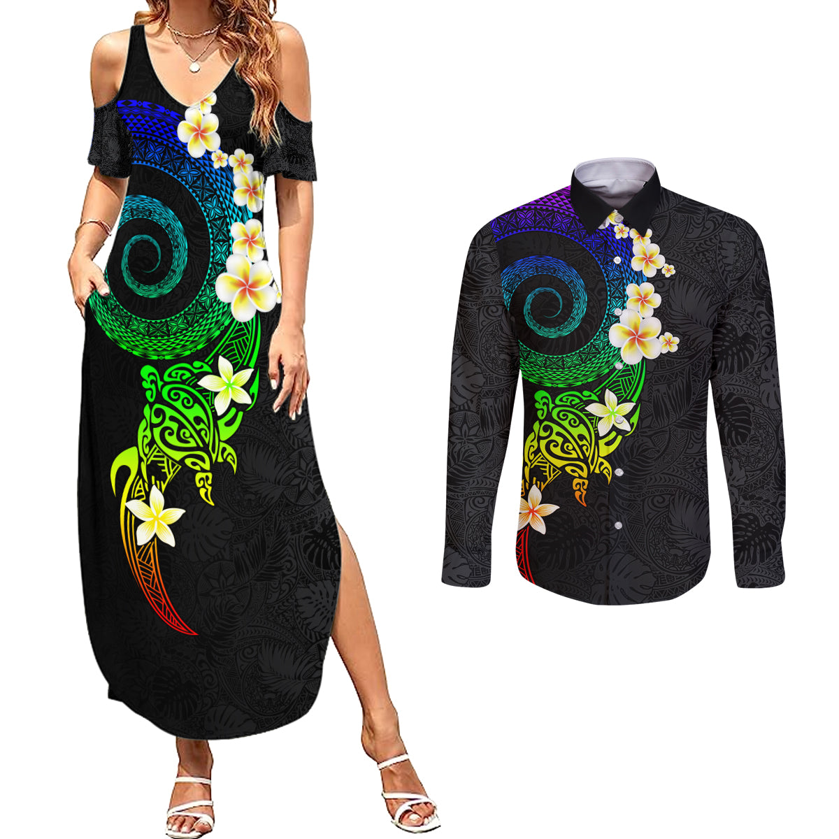 Polynesian Spiral Tribal Tattoo Couples Matching Summer Maxi Dress and Long Sleeve Button Shirt Fanciful Color