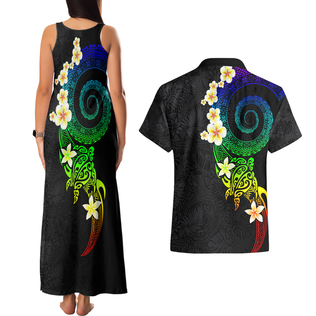 Polynesian Spiral Tribal Tattoo Couples Matching Tank Maxi Dress and Hawaiian Shirt Fanciful Color