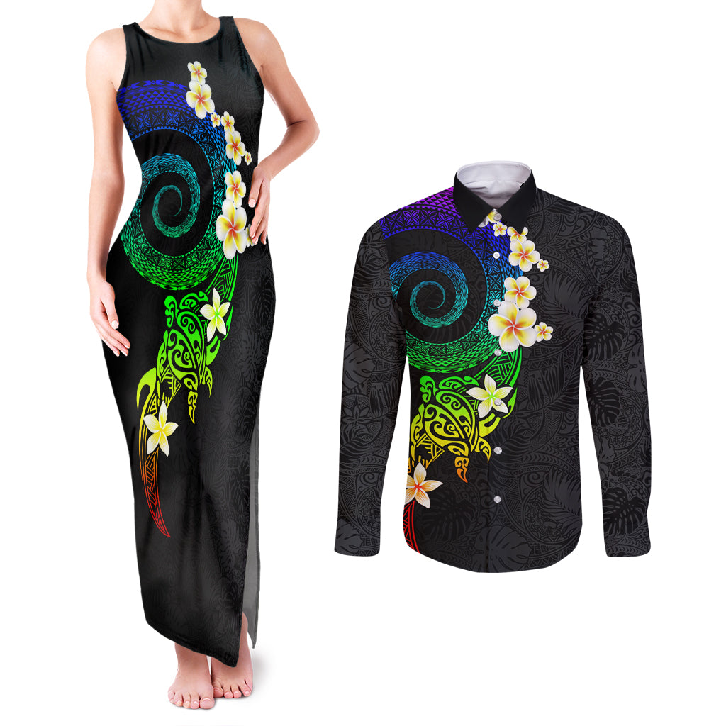 Polynesian Spiral Tribal Tattoo Couples Matching Tank Maxi Dress and Long Sleeve Button Shirt Fanciful Color