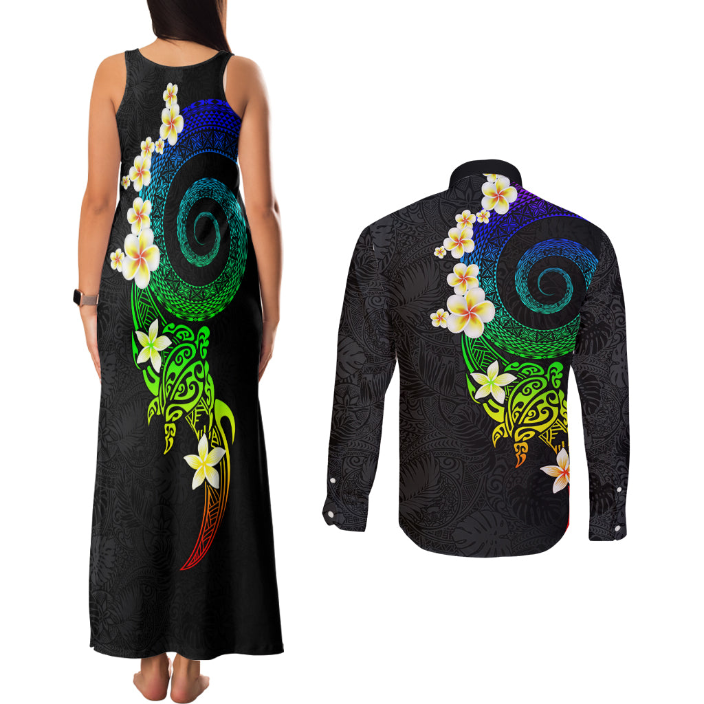 Polynesian Spiral Tribal Tattoo Couples Matching Tank Maxi Dress and Long Sleeve Button Shirt Fanciful Color