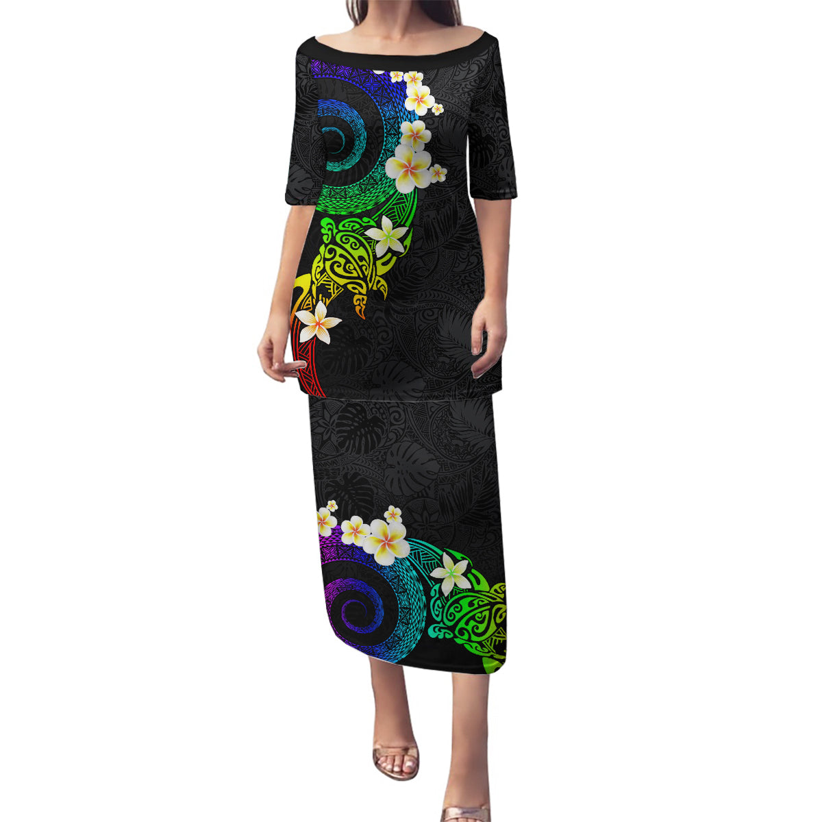 Polynesian Spiral Tribal Tattoo Family Matching Puletasi and Hawaiian Shirt Fanciful Color LT03 Mom's Dress Black - Polynesian Pride