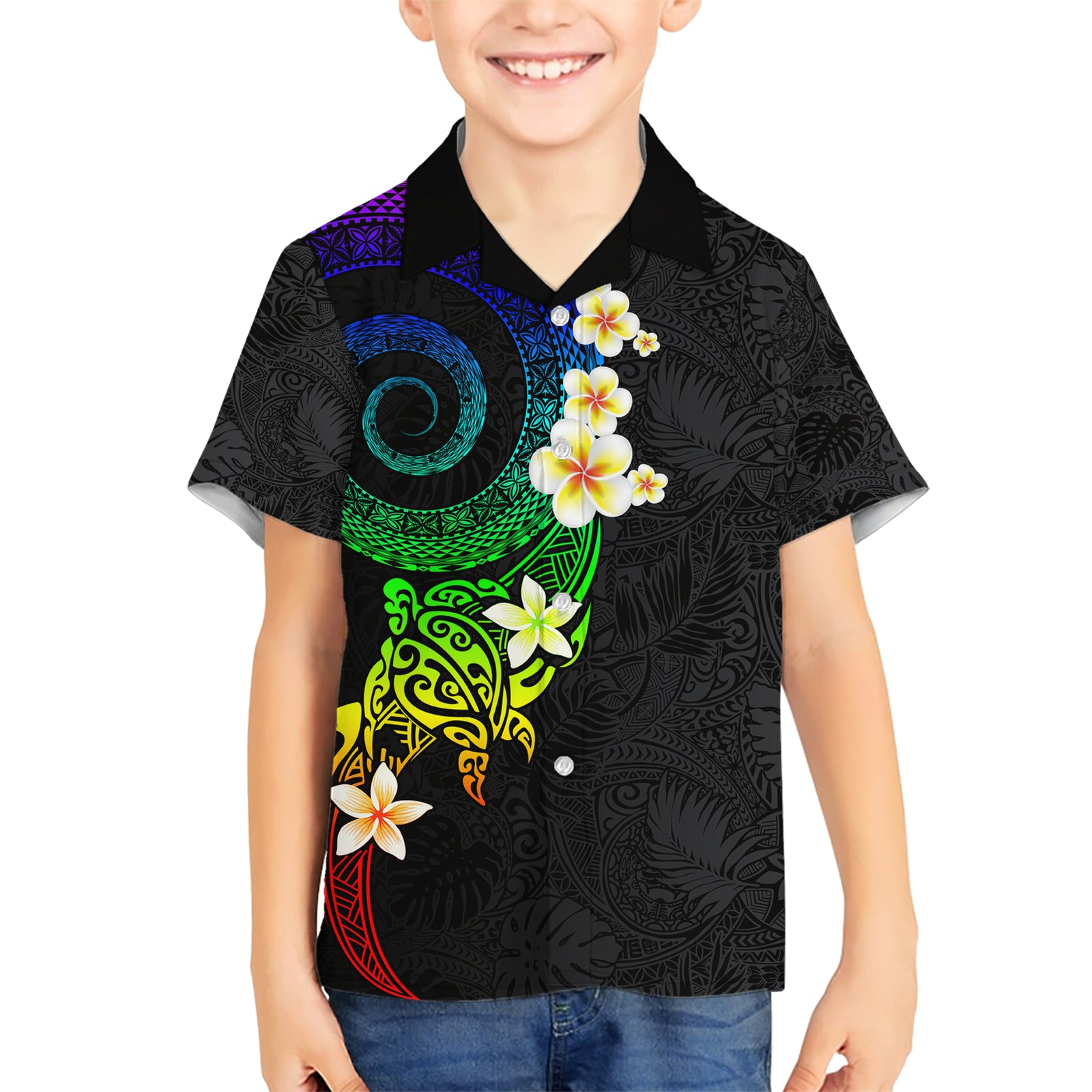 Polynesian Spiral Tribal Tattoo Kid Hawaiian Shirt Fanciful Color LT03 Kid Black - Polynesian Pride