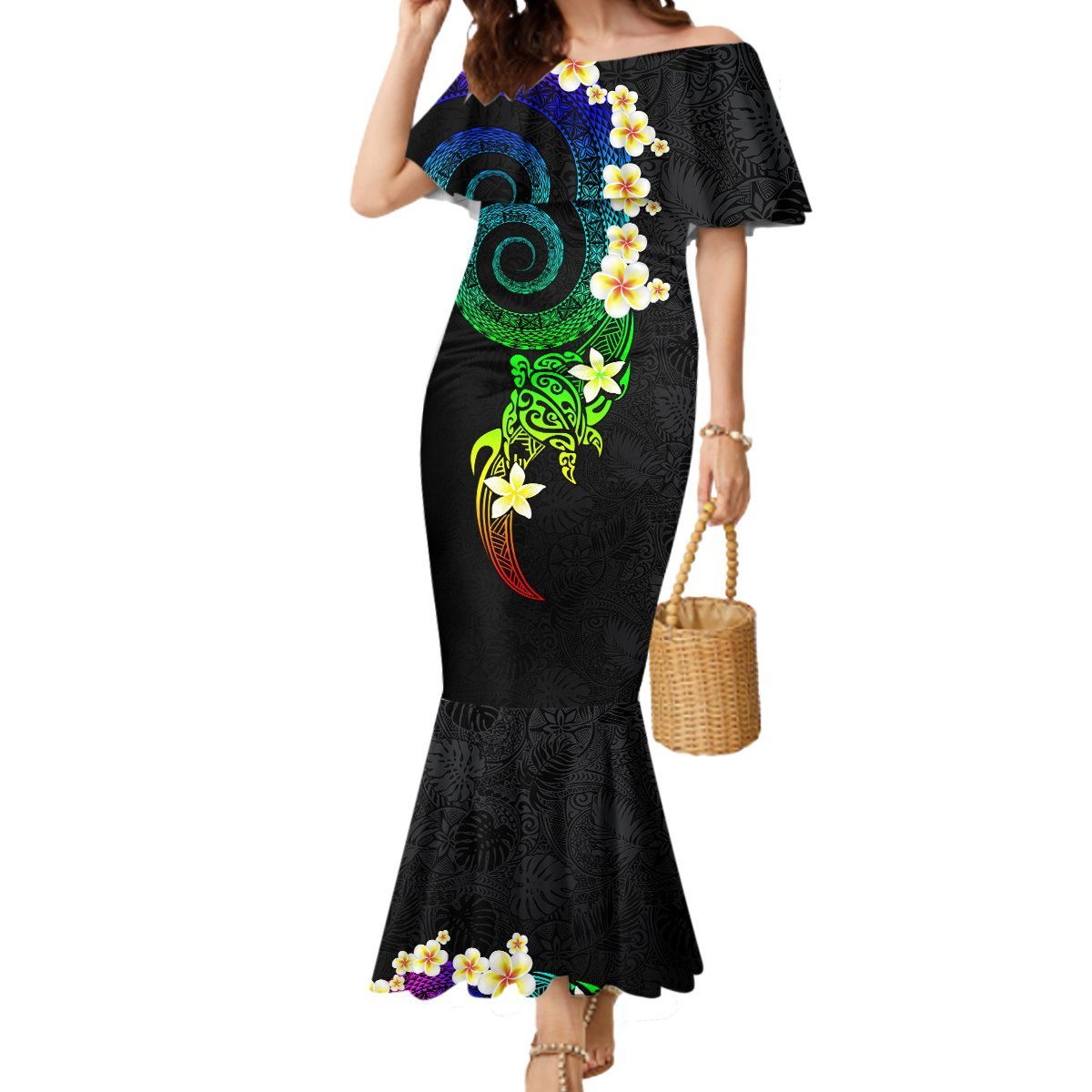 Polynesian Spiral Tribal Tattoo Mermaid Dress Fanciful Color LT03 Women Black - Polynesian Pride