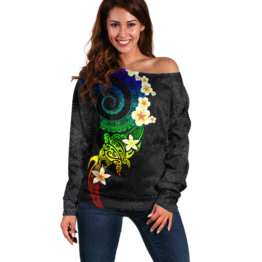 Polynesian Spiral Tribal Tattoo Off Shoulder Sweater Fanciful Color LT03 Women Black - Polynesian Pride