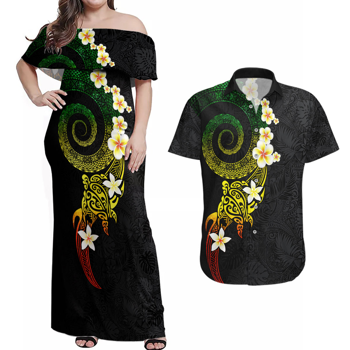 Polynesian Spiral Tribal Tattoo Couples Matching Off Shoulder Maxi Dress and Hawaiian Shirt Reggae Color LT03 Reggae - Polynesian Pride