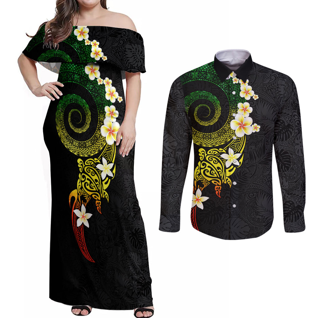 Polynesian Spiral Tribal Tattoo Couples Matching Off Shoulder Maxi Dress and Long Sleeve Button Shirt Reggae Color