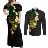 Polynesian Spiral Tribal Tattoo Couples Matching Off Shoulder Maxi Dress and Long Sleeve Button Shirt Reggae Color