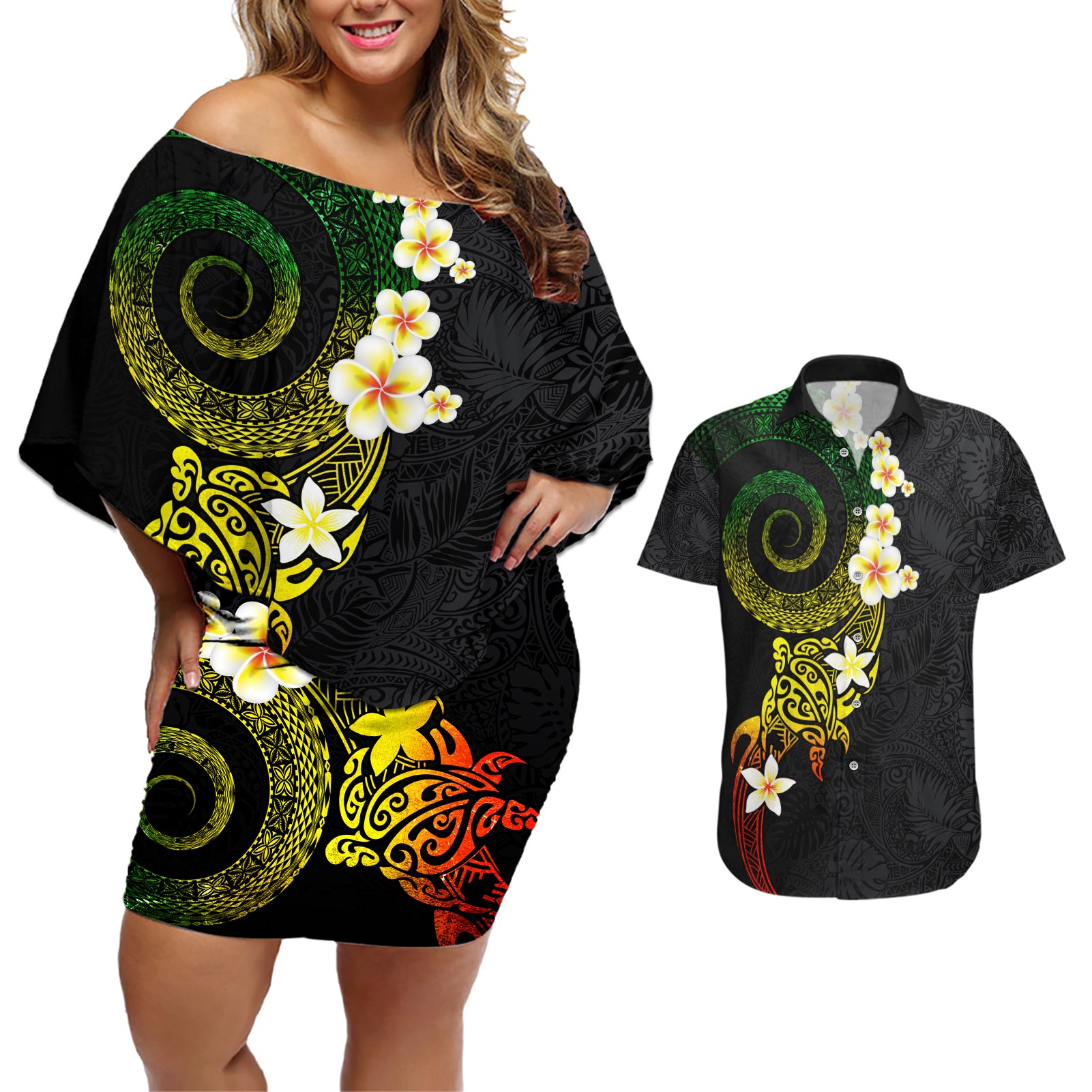 Polynesian Spiral Tribal Tattoo Couples Matching Off Shoulder Short Dress and Hawaiian Shirt Reggae Color