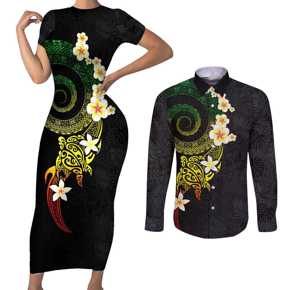 Polynesian Spiral Tribal Tattoo Couples Matching Short Sleeve Bodycon Dress and Long Sleeve Button Shirt Reggae Color