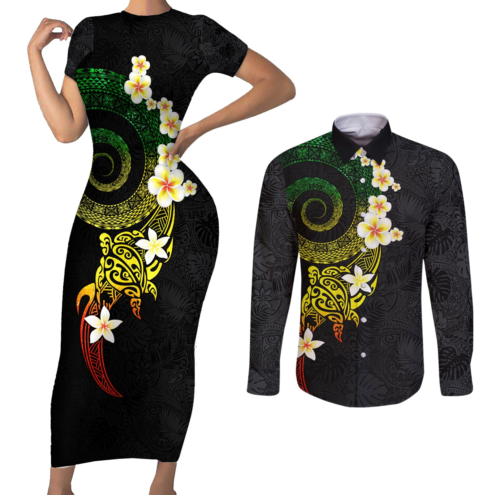 Polynesian Spiral Tribal Tattoo Couples Matching Short Sleeve Bodycon Dress and Long Sleeve Button Shirt Reggae Color