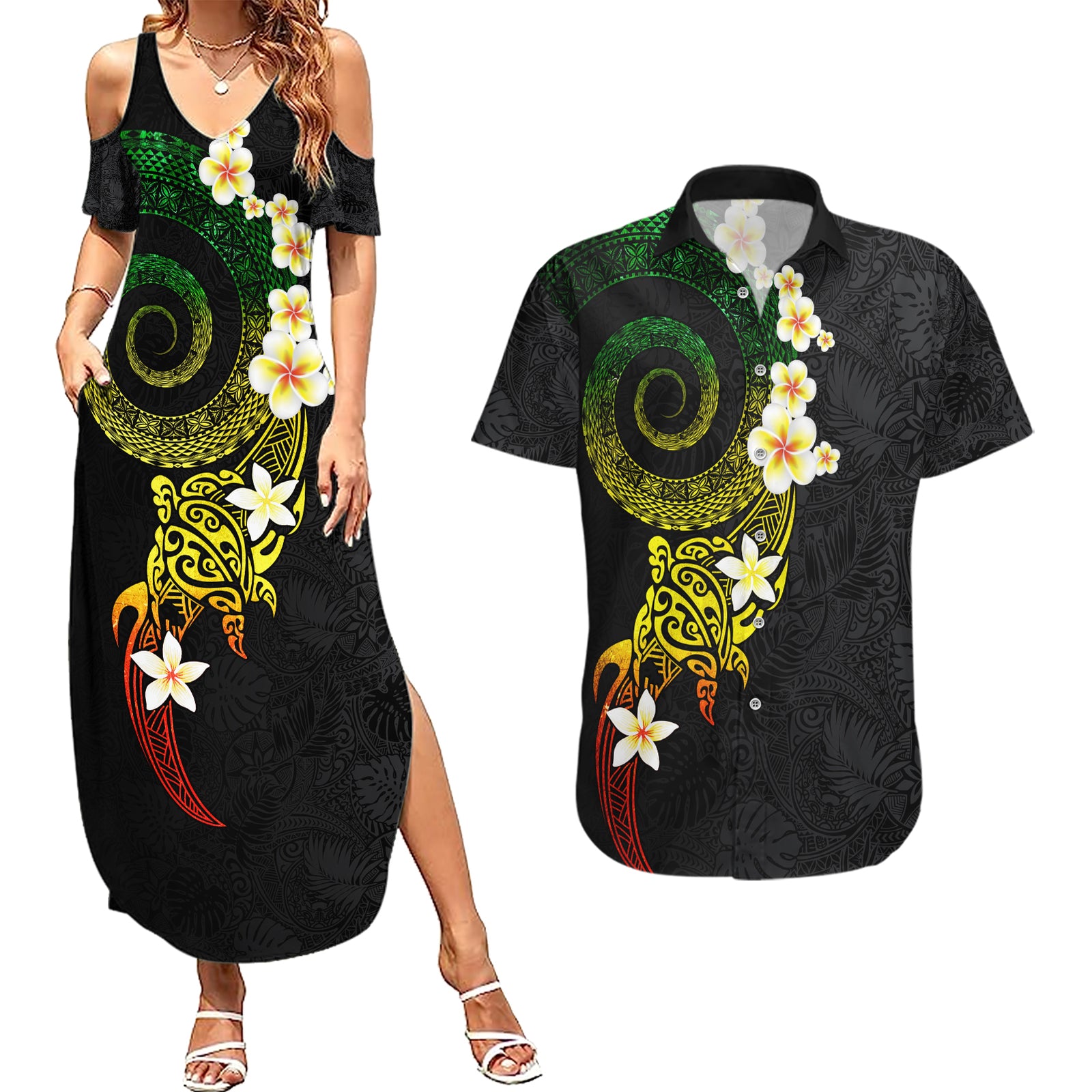 Polynesian Spiral Tribal Tattoo Couples Matching Summer Maxi Dress and Hawaiian Shirt Reggae Color