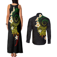 Polynesian Spiral Tribal Tattoo Couples Matching Tank Maxi Dress and Long Sleeve Button Shirt Reggae Color