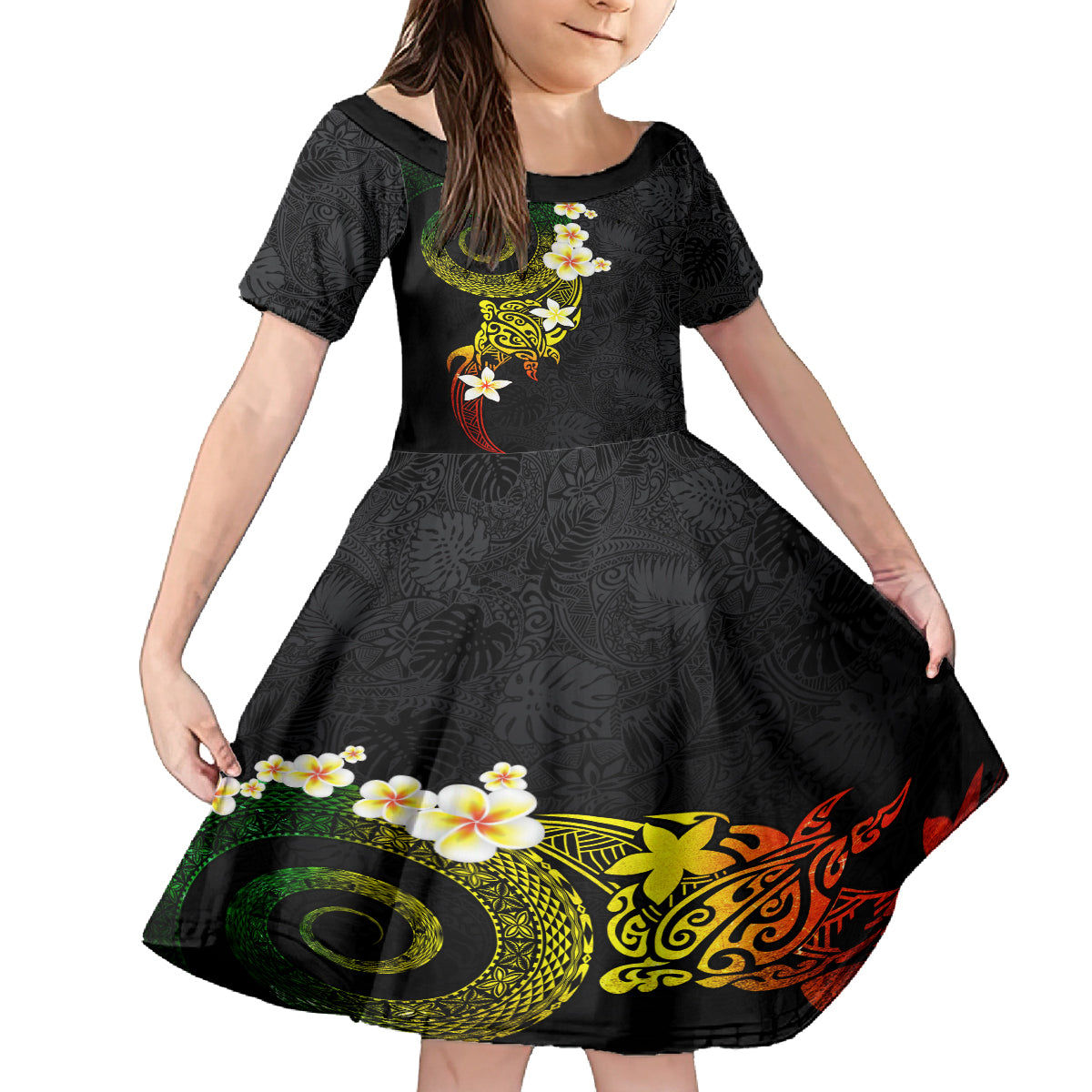 Polynesian Spiral Tribal Tattoo Family Matching Off Shoulder Maxi Dress and Hawaiian Shirt Reggae Color LT03 Daughter's Dress Reggae - Polynesian Pride