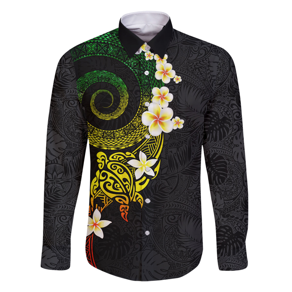 Polynesian Spiral Tribal Tattoo Family Matching Off Shoulder Maxi Dress and Hawaiian Shirt Reggae Color LT03 Dad's Shirt - Long Sleeve Reggae - Polynesian Pride
