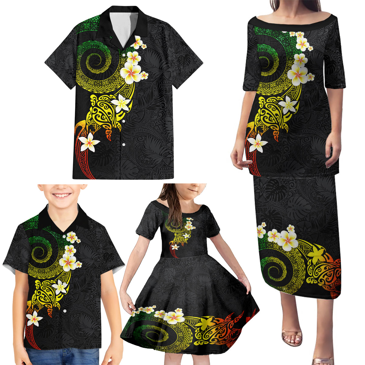Polynesian Spiral Tribal Tattoo Family Matching Puletasi and Hawaiian Shirt Reggae Color LT03 - Polynesian Pride