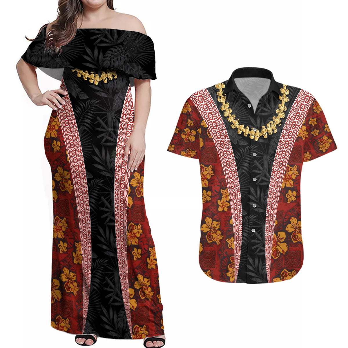 Hawaii Lei and Hibiscus Flowers Tribal Couples Matching Off Shoulder Maxi Dress and Hawaiian Shirt Patchwork Abstract Vintage LT03 Red - Polynesian Pride