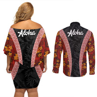 Hawaii Lei and Hibiscus Flowers Tribal Couples Matching Off Shoulder Short Dress and Long Sleeve Button Shirt Patchwork Abstract Vintage