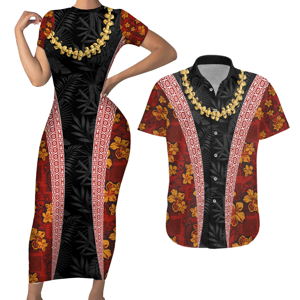 Hawaii Lei and Hibiscus Flowers Tribal Couples Matching Short Sleeve Bodycon Dress and Hawaiian Shirt Patchwork Abstract Vintage LT03 Red - Polynesian Pride