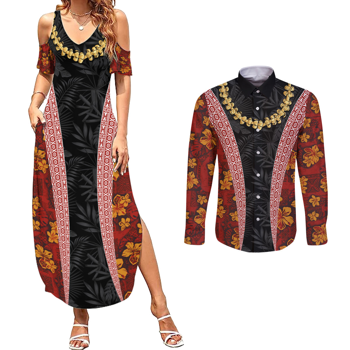 Hawaii Lei and Hibiscus Flowers Tribal Couples Matching Summer Maxi Dress and Long Sleeve Button Shirt Patchwork Abstract Vintage