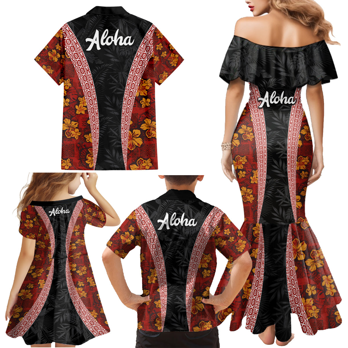 Hawaii Lei and Hibiscus Flowers Tribal Family Matching Mermaid Dress and Hawaiian Shirt Patchwork Abstract Vintage LT03 - Polynesian Pride