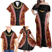 Hawaii Lei and Hibiscus Flowers Tribal Family Matching Off Shoulder Maxi Dress and Hawaiian Shirt Patchwork Abstract Vintage LT03 - Polynesian Pride