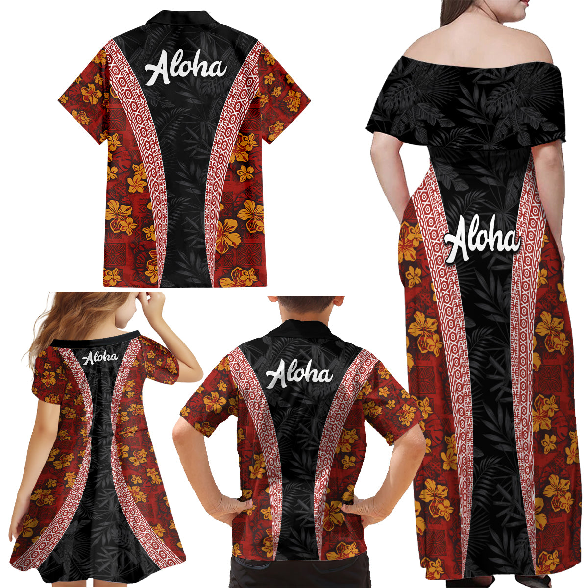 Hawaii Lei and Hibiscus Flowers Tribal Family Matching Off Shoulder Maxi Dress and Hawaiian Shirt Patchwork Abstract Vintage LT03 - Polynesian Pride