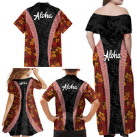 Hawaii Lei and Hibiscus Flowers Tribal Family Matching Off Shoulder Maxi Dress and Hawaiian Shirt Patchwork Abstract Vintage LT03 - Polynesian Pride