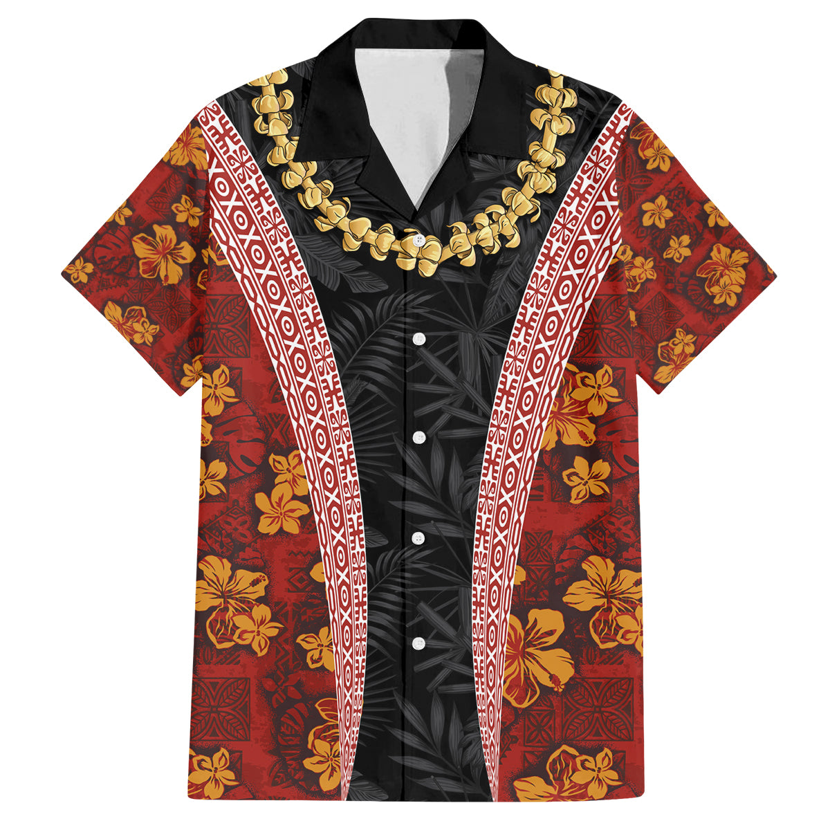 Hawaii Lei and Hibiscus Flowers Tribal Family Matching Off Shoulder Maxi Dress and Hawaiian Shirt Patchwork Abstract Vintage LT03 Dad's Shirt - Short Sleeve Red - Polynesian Pride
