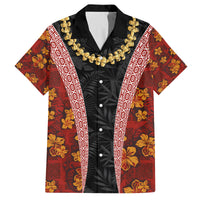 Hawaii Lei and Hibiscus Flowers Tribal Family Matching Off Shoulder Maxi Dress and Hawaiian Shirt Patchwork Abstract Vintage LT03 Dad's Shirt - Short Sleeve Red - Polynesian Pride