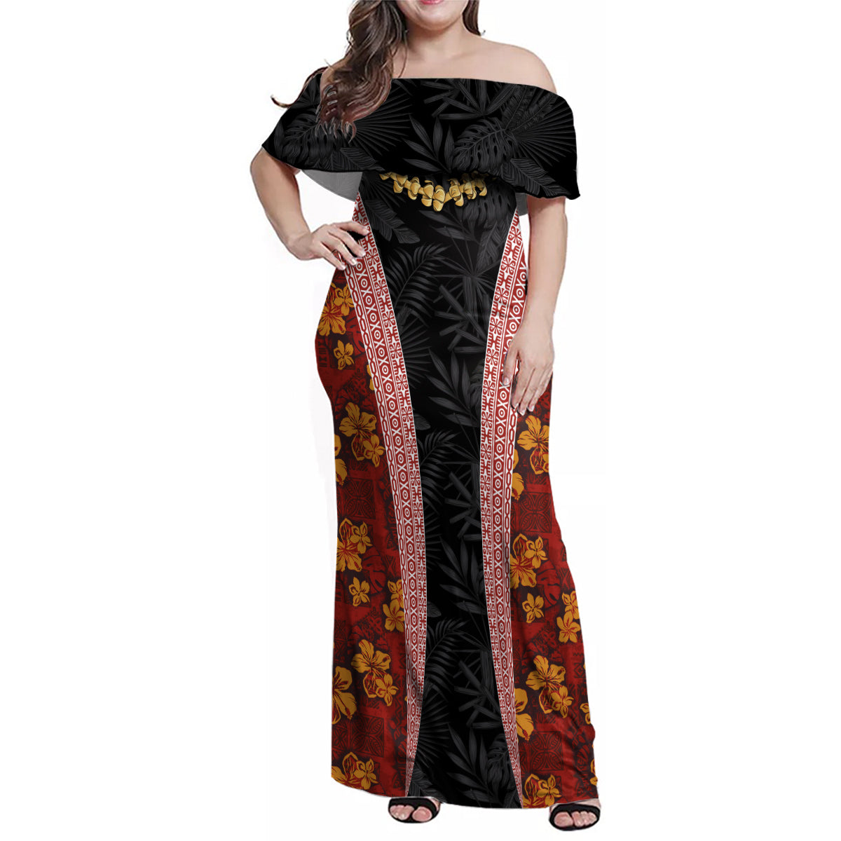 Hawaii Lei and Hibiscus Flowers Tribal Family Matching Off Shoulder Maxi Dress and Hawaiian Shirt Patchwork Abstract Vintage LT03 Mom's Dress Red - Polynesian Pride