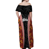 Hawaii Lei and Hibiscus Flowers Tribal Family Matching Off Shoulder Maxi Dress and Hawaiian Shirt Patchwork Abstract Vintage LT03 - Polynesian Pride