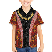 Hawaii Lei and Hibiscus Flowers Tribal Family Matching Off Shoulder Maxi Dress and Hawaiian Shirt Patchwork Abstract Vintage LT03 Son's Shirt Red - Polynesian Pride