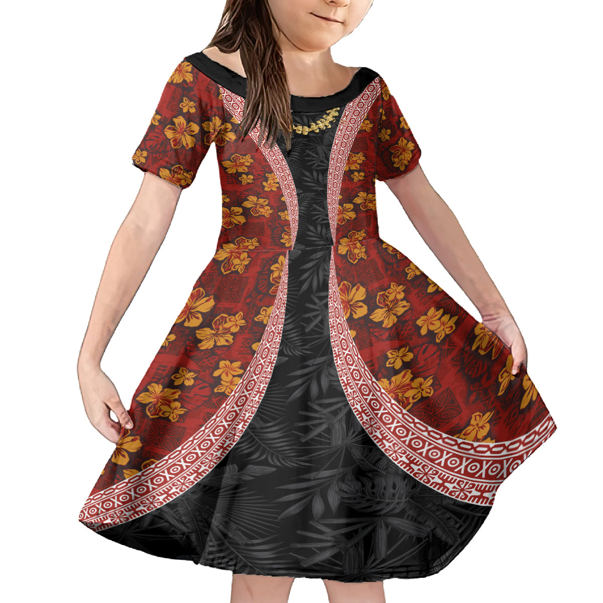 Hawaii Lei and Hibiscus Flowers Tribal Family Matching Puletasi and Hawaiian Shirt Patchwork Abstract Vintage LT03 Daughter's Dress Red - Polynesian Pride