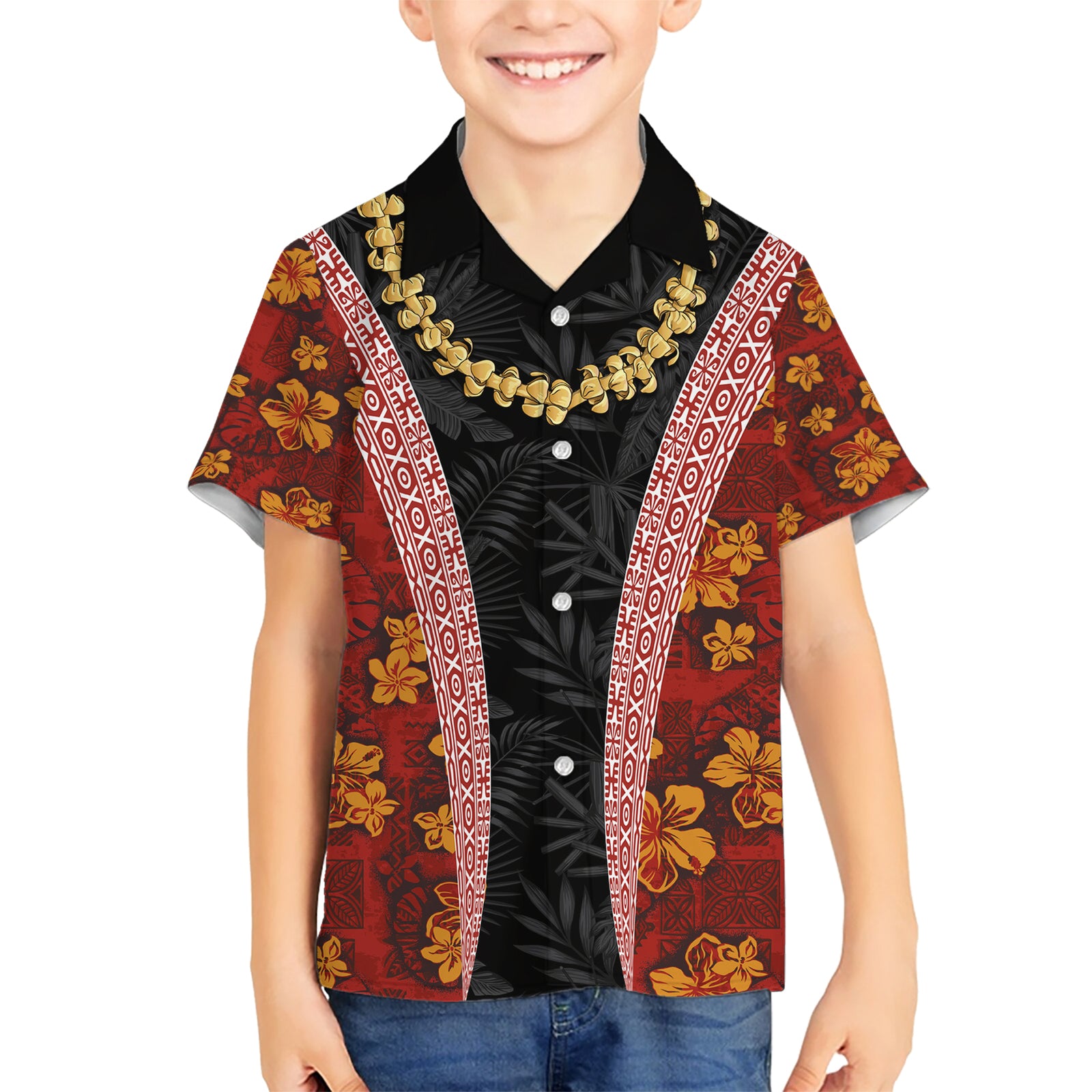Hawaii Lei and Hibiscus Flowers Tribal Kid Hawaiian Shirt Patchwork Abstract Vintage LT03 Kid Red - Polynesian Pride
