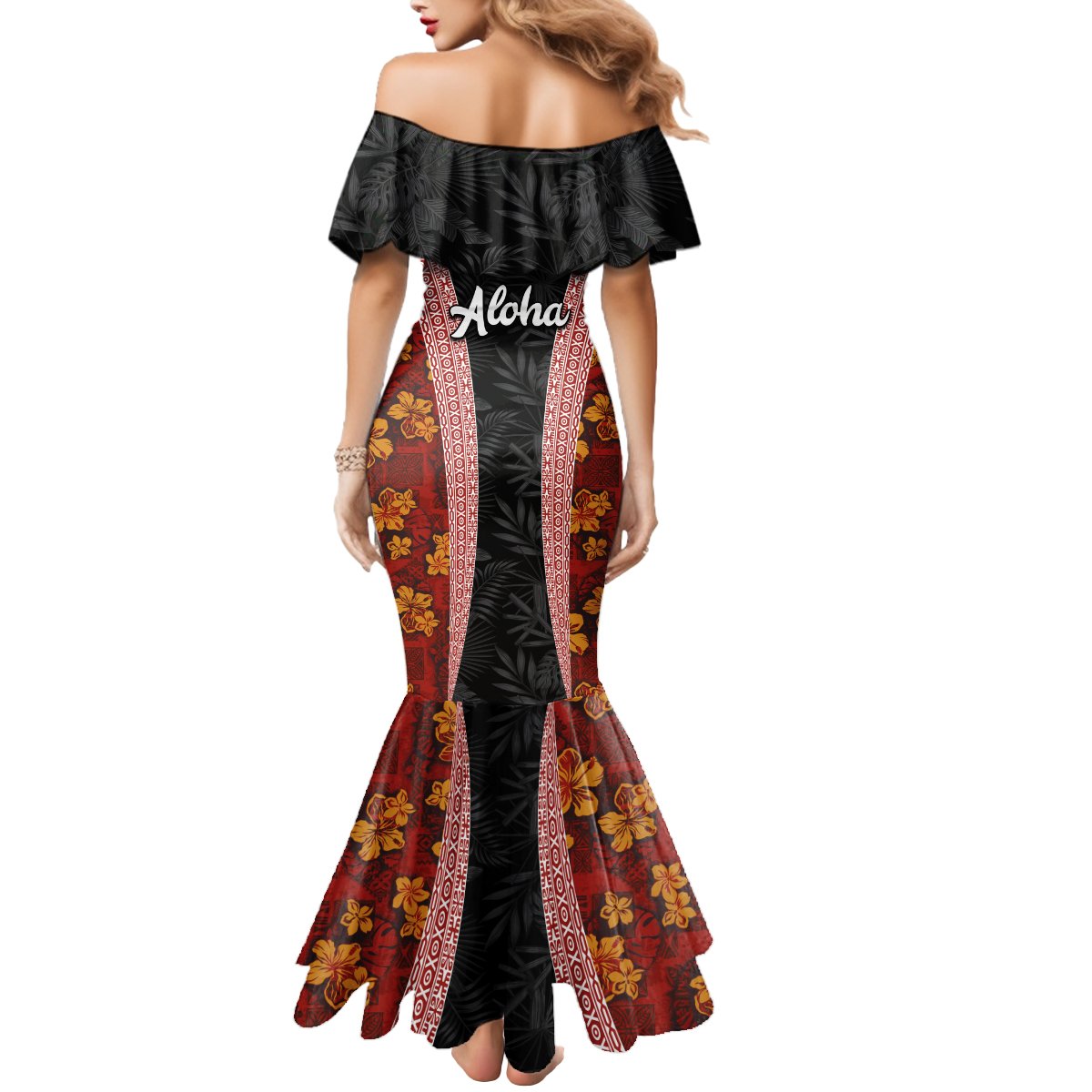 Hawaii Lei and Hibiscus Flowers Tribal Mermaid Dress Patchwork Abstract Vintage