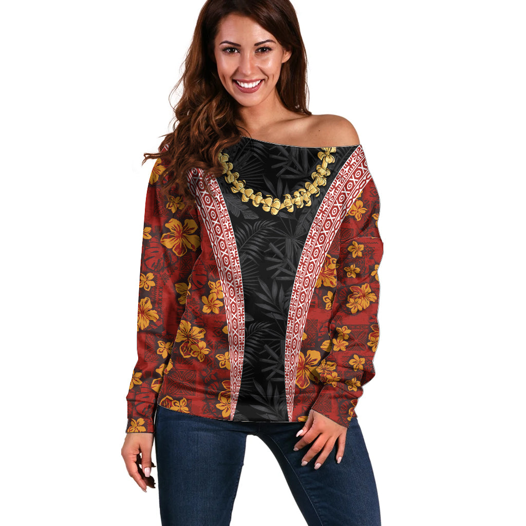 Hawaii Lei and Hibiscus Flowers Tribal Off Shoulder Sweater Patchwork Abstract Vintage