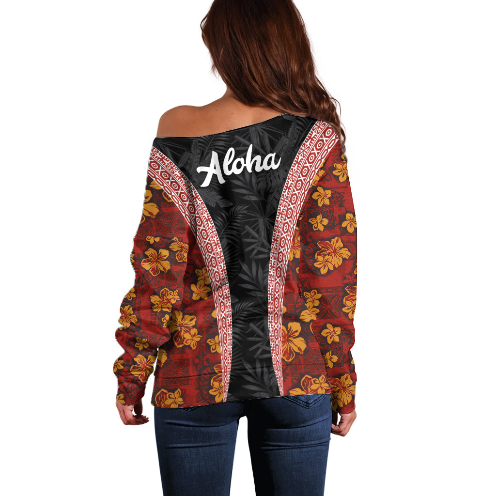 Hawaii Lei and Hibiscus Flowers Tribal Off Shoulder Sweater Patchwork Abstract Vintage