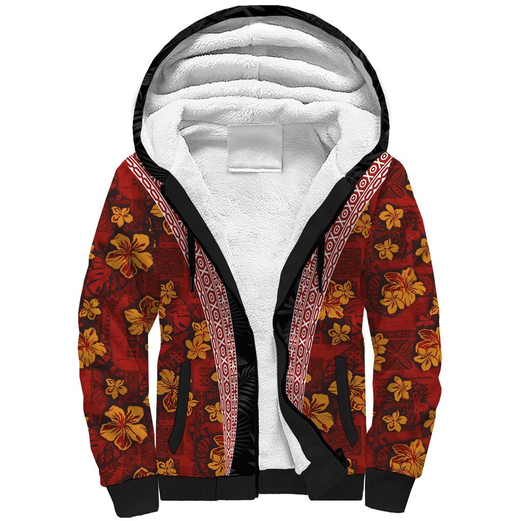 Hawaii Lei and Hibiscus Flowers Tribal Sherpa Hoodie Patchwork Abstract Vintage LT03 Unisex Red - Polynesian Pride