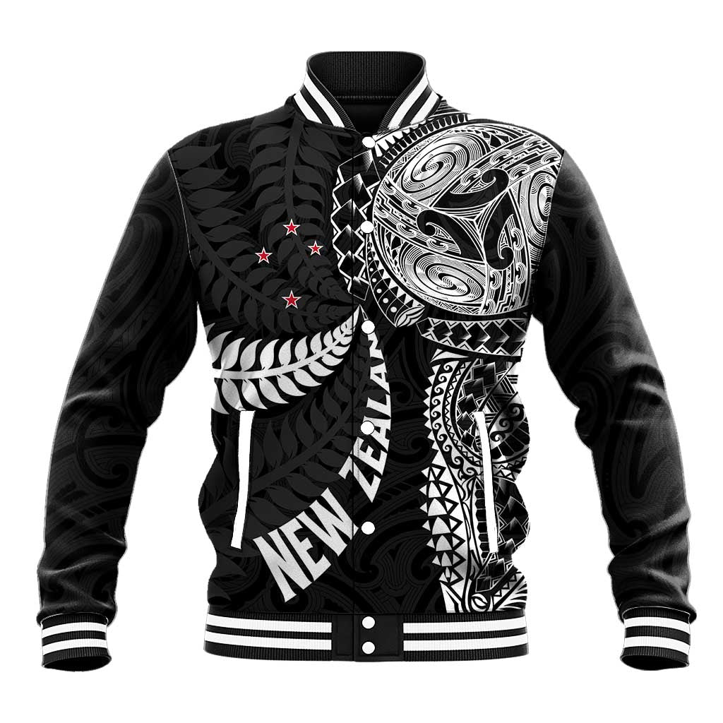 Aotearoa Volleyball Custom Baseball Jacket Silver Ferns and Maori Tribal Black