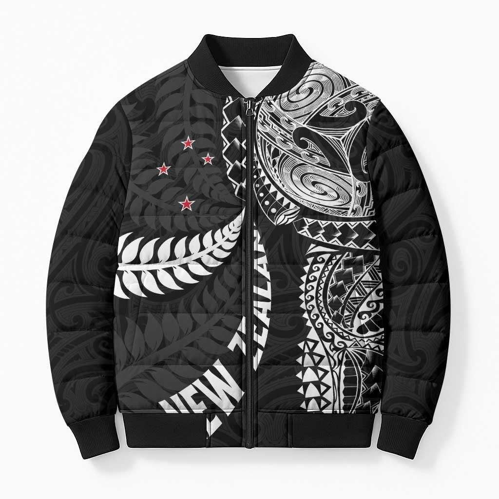 Aotearoa Volleyball Custom Bomber Puffer Jacket Silver Ferns and Maori Tribal Black