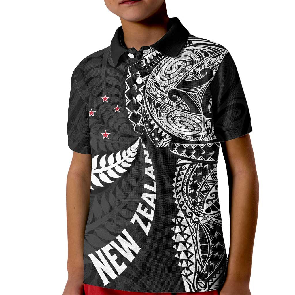 Aotearoa Volleyball Custom Kid Polo Shirt Silver Ferns and Maori Tribal Black