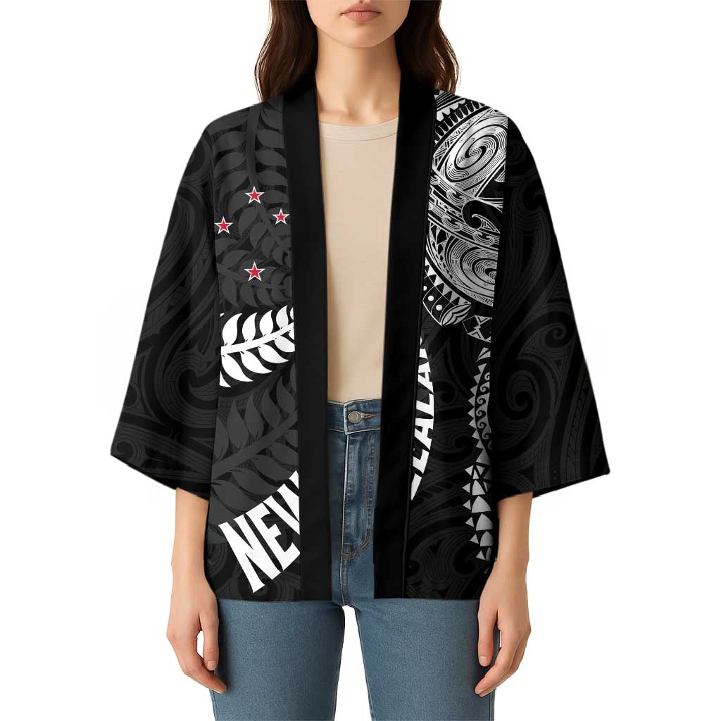 Aotearoa Volleyball Custom Kimono Silver Ferns and Maori Tribal Black