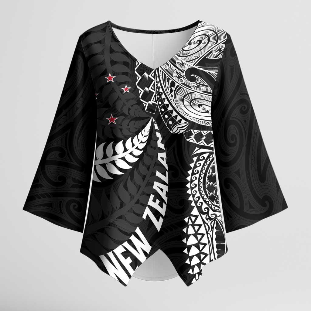 Aotearoa Volleyball Custom Kimono Sleeve Blouse Silver Ferns and Maori Tribal Black