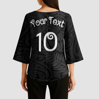 Aotearoa Volleyball Custom Kimono Sleeve Blouse Silver Ferns and Maori Tribal Black