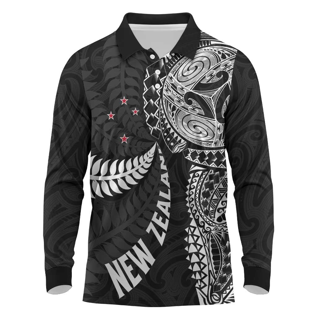 Aotearoa Volleyball Custom Long Sleeve Polo Shirt Silver Ferns and Maori Tribal Black