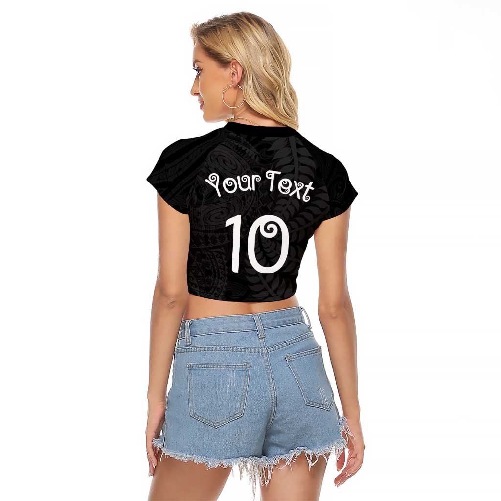 Aotearoa Volleyball Custom Raglan Cropped T Shirt Silver Ferns and Maori Tribal Black