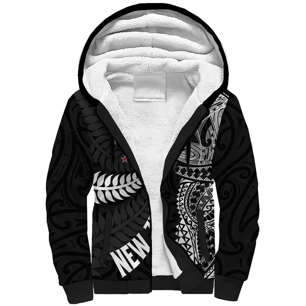 Aotearoa Volleyball Custom Sherpa Hoodie Silver Ferns and Maori Tribal Black