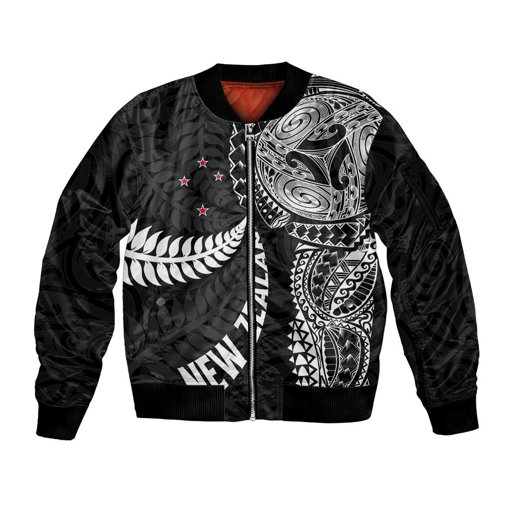 Aotearoa Volleyball Custom Sleeve Zip Bomber Jacket Silver Ferns and Maori Tribal Black